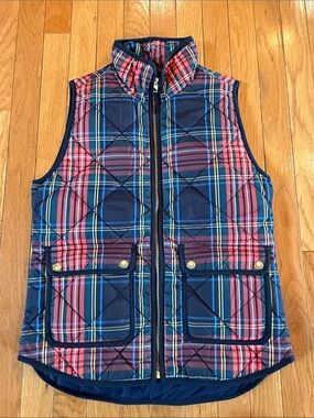 J.Crew Tartan Excursion Puffer Quilted Sleeveless Full Zip Vest Red Navy Sz XS